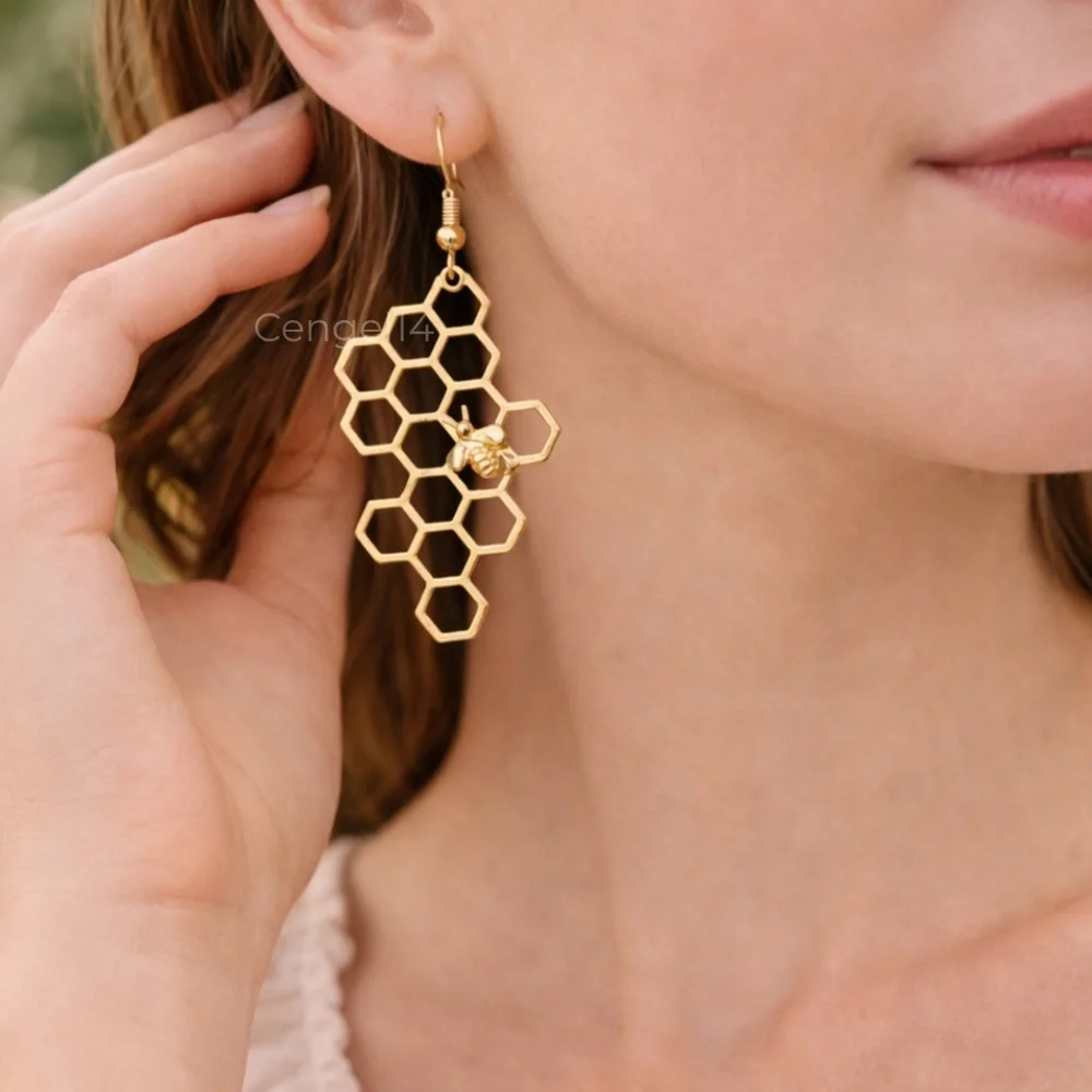 Gold Honeycomb Bee Dangle Earrings Geometric Boho Statement 2” - Picture 2 of 2